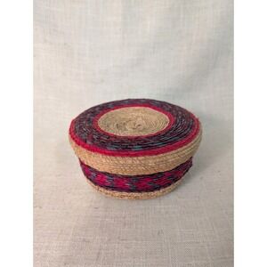 Mexican Palm Woven Basket and Lid Multi Color Bands 3 x 7"